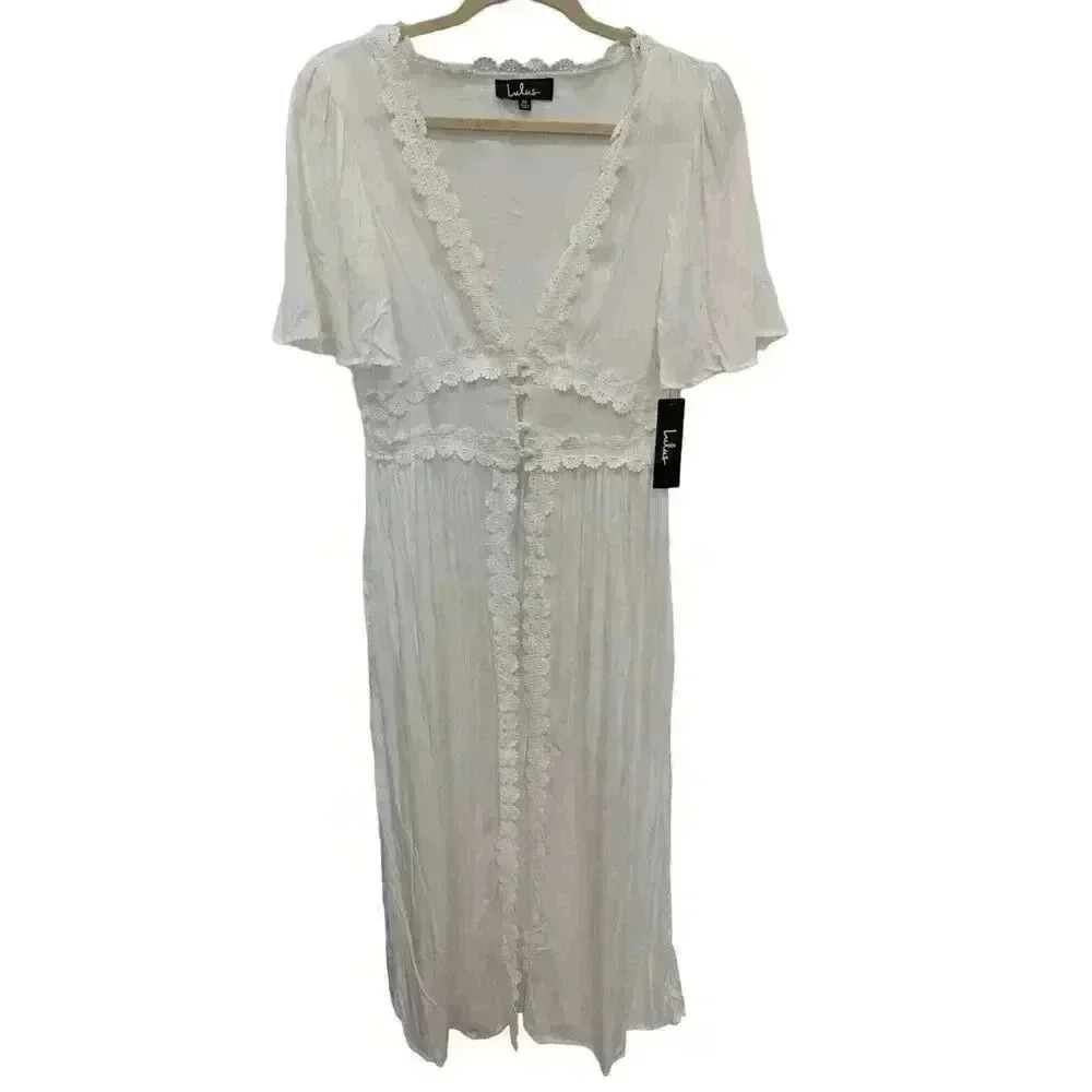 NWT Lulus Womens Short Sleeve V Neck Button Lace Solid Cover Up White Size XS